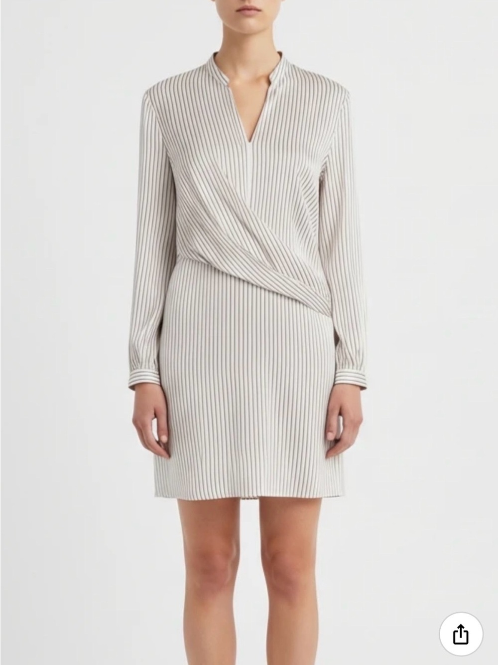 St. John Cream and Gray Striped Wrap-Front Long-Sleeve Dress